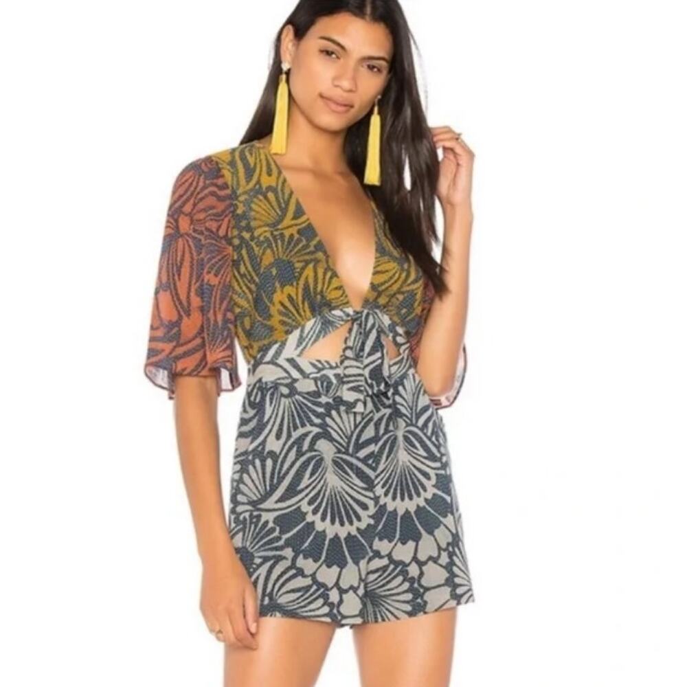 BCBGMAXAZRIA Ivy Cotton Silk Blocked Floral Print Tie Front Romper Size XS